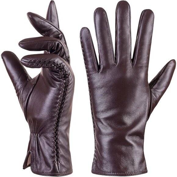 Women\'s Genuine Sheepskin Leather Gloves Winter Warm  Driving Dress Gloves Brown